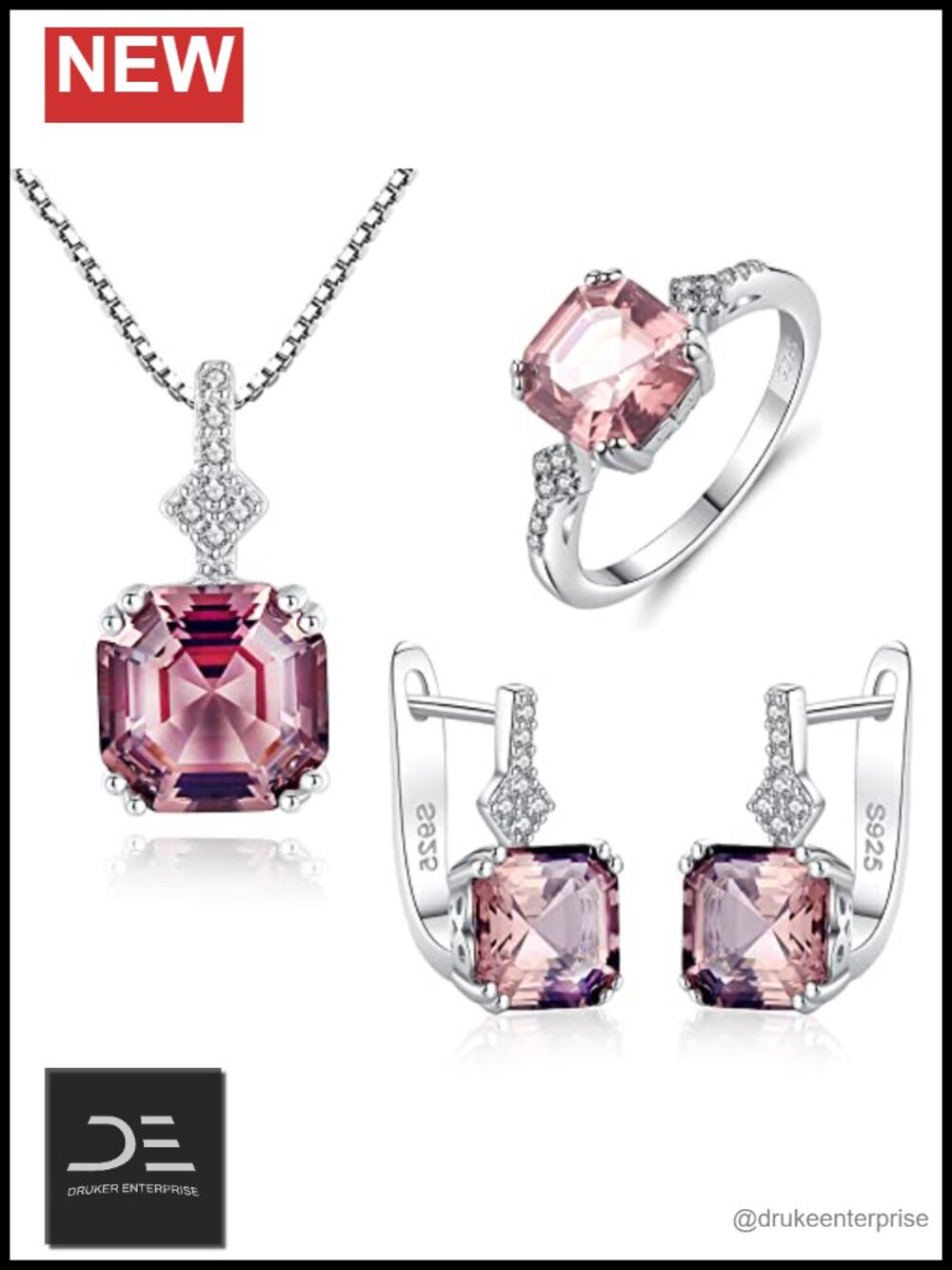 925 Sterling Silver Simulated Morganite Jewelry Set with Gift Box